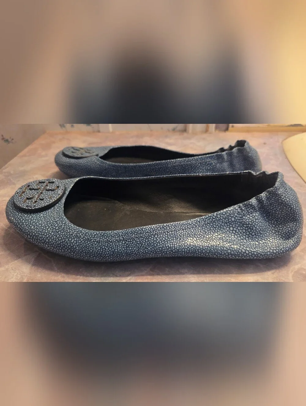 Tory Burch Blue Textured Logo Ballet Flats